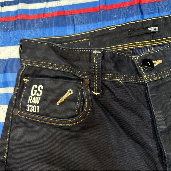 G Star Raw 3301 Dark Wash Blue Navy Denim Men’s Size 33x28 Waxed Jeans - Picture 5 of 14